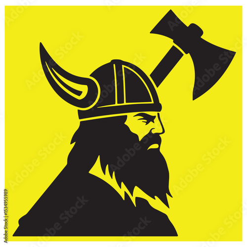 Bold viking warrior profile with horned helmet and axe on a vibrant yellow background