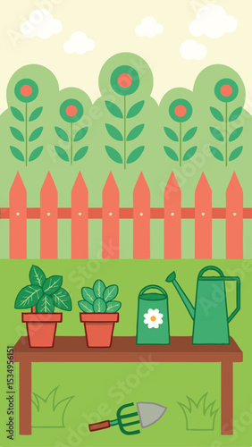 Stylized illustration of a garden scene with plants and gardening tools on white