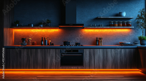 Modern kitchen interior with orange ambient lighting at night