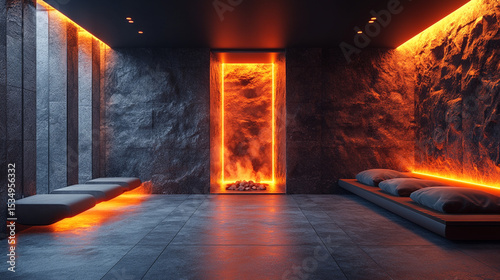 Modern lounge with fireplace, rock walls, and orange lighting