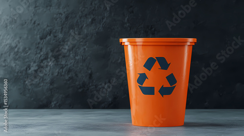 Wallpaper Mural A bright orange recycling bin with a blue recycling symbol sits alone against a dark textured wall on a concrete floor. Torontodigital.ca