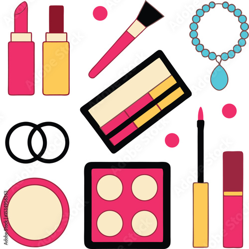 Flat lay illustration of makeup and accessories