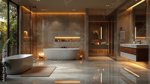 Modern bathroom, soaking tub, marble, garden view, ambient lighting