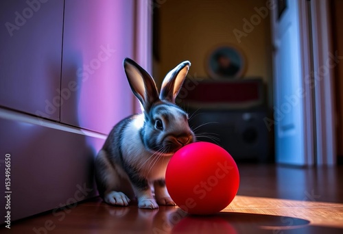 Dimly lit room, playful bunny nudges vibrant red ball,   texture,   red