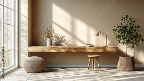 Minimalist home office with wooden desk, natural light, and plants