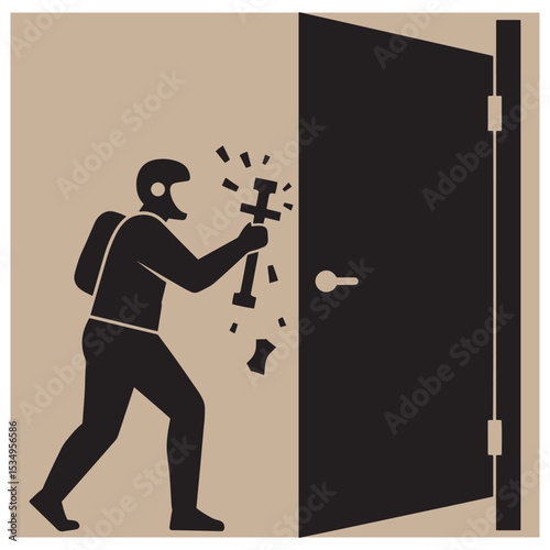 Silhouette illustration of a person breaking down a door with a sledgehammer concept