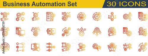 Business Automation Icon Set. Containing Accuracy,Analysis,Automation,Benefit,Business Automation,Business Management,Checklist,Combination,CRM,Curriculum Vitae. Outline Gradient Style
