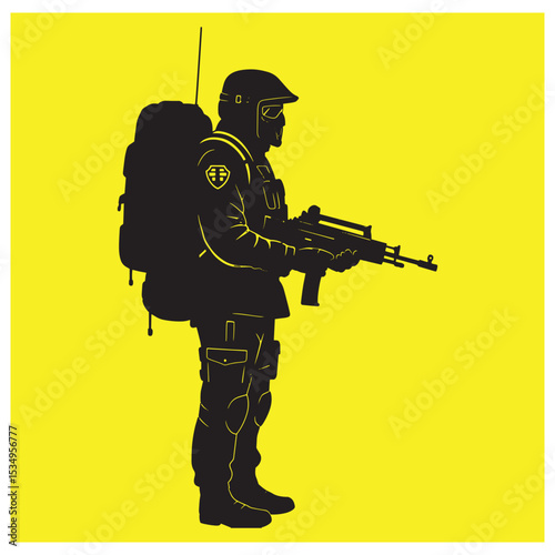 Silhouette illustration of a soldier carrying weaponry and backpack on a yellow background