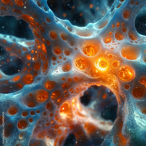 Microscopic organic form with glowing core in dark space