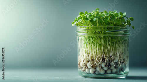 Microgreens sprouting in jar on blue surface with soft light