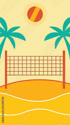 Summer beach volleyball scene with palm trees sun and sand vector illustration