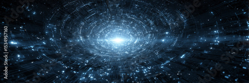 Futuristic hyperspace gateway filled with digital circuitry and light flares