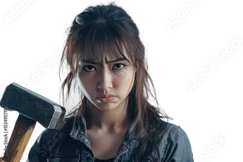portrait of a young woman with a hammer