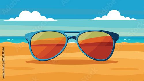 Sunglasses resting on sandy beach with blue sky and summer coastal view
