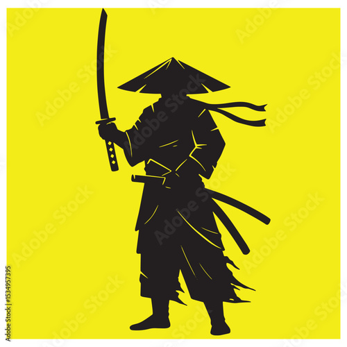 Silhouette of a japanese samurai warrior holding katana sword with yellow background