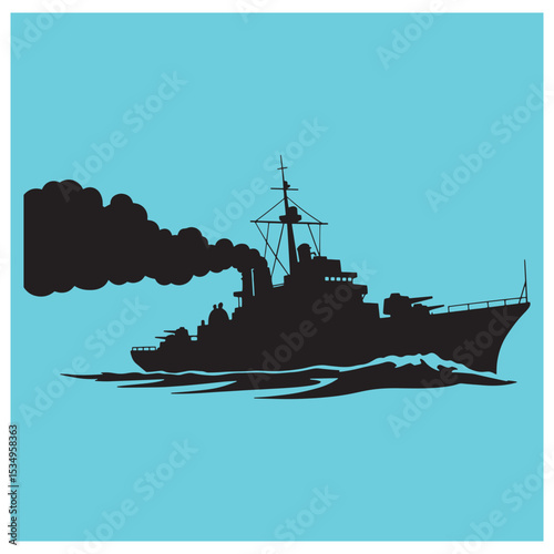Silhouette of a naval warship sailing across the ocean with smoke on blue background