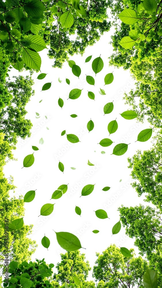 Obraz premium A bright white sky serves as a backdrop for a lush canopy of vibrant green leaves, creating a serene and refreshing natural scene.