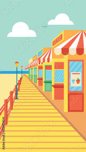 Vector illustration of a sunny seaside pier with shops and coastal landscape