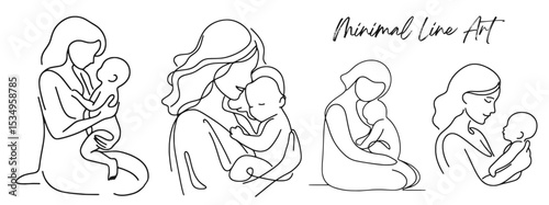 An elegant continuous outline of a mother and infant, stroke one line, single line minimalist