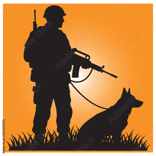 Silhouette of a soldier with military dog standing in orange background