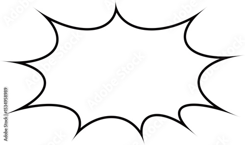 This image displays a blank, white comic speech bubble, characterized by a jagged, spiky outline with a thick black border. 