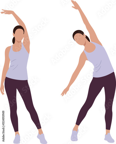Women Stretching Exercises for Fitness and Wellness in Purple and Lilac Activewear Vector Illustration 