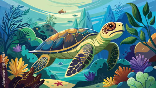Vivid underwater illustration featuring a swimming sea turtle amidst colorful coral and seaweed