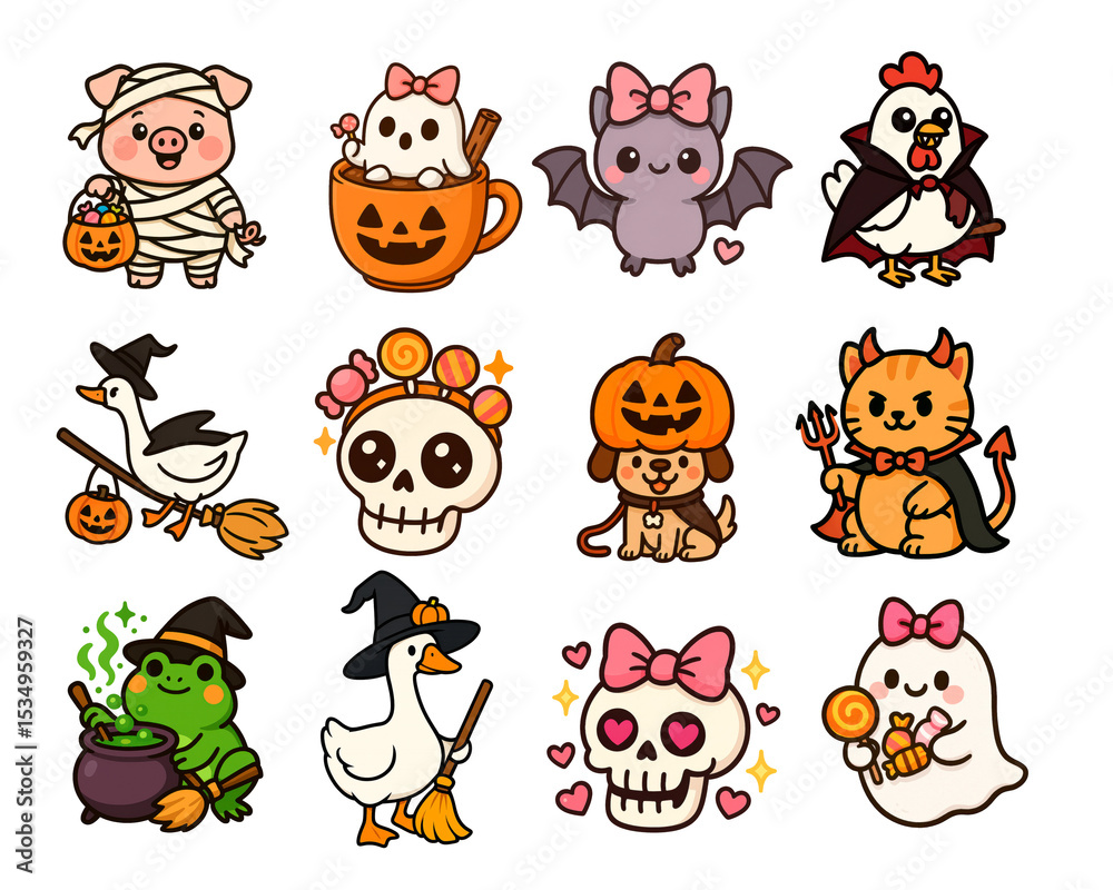 Obraz premium cute halloween cartoon animal and skull stickers with spooky costumes and sweet details featuring cat frog pig bat ghost goose and candy on transparent background for concept of seasonal decor