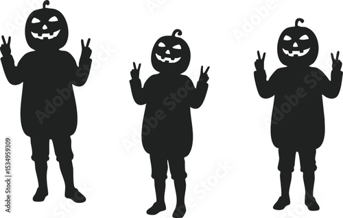 Halloween pumpkin head silhouette children with peace hands gesture vector illustration in black and white style 