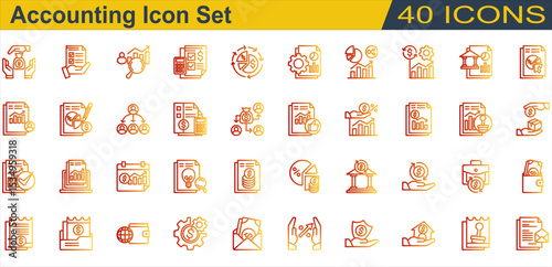 Accounting icon set. Containing Accountant,Accounting,Annual Report,Auditor,Bank,Budget,Cash Flow,Creditor,Financial Statement,Income Statement,Interest Rate. Outline Gradient Style