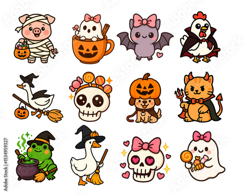 cute halloween cartoon animal and skull stickers with spooky costumes and sweet details featuring cat frog pig bat ghost goose and candy on transparent background for concept of seasonal decor