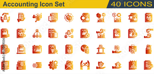 Accounting icon set. Containing Accountant,Accounting,Annual Report,Auditor,Bank,Budget,Cash Flow,Creditor,Financial Statement,Income Statement,Interest Rate. Solid Gradient Style