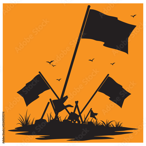 Silhouette of black flags in a field with flying birds against an orange background