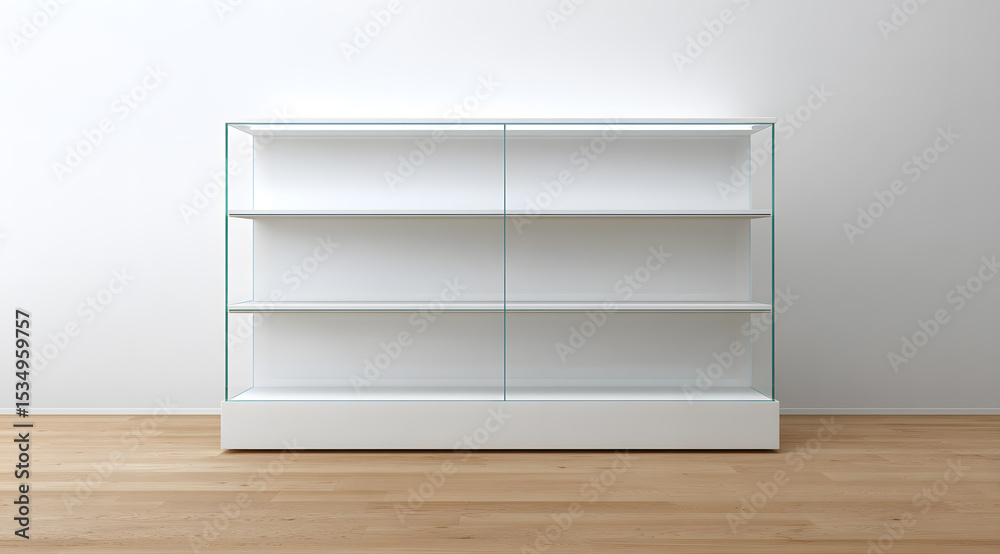 Fototapeta premium Empty White Shelf with Glass Shelves Mock Up Isolated on White