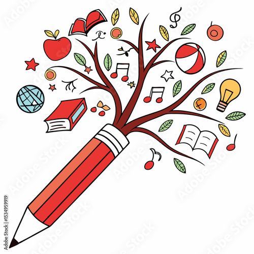 Creative pencil growing into a tree with educational symbols and objects