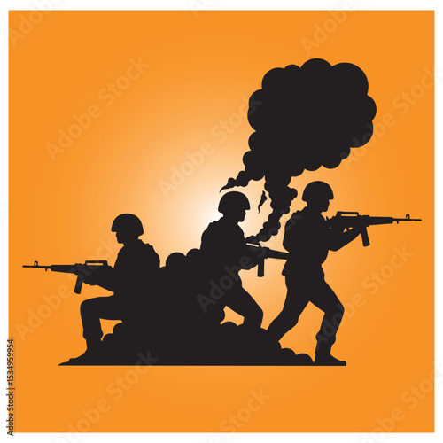 Silhouette of soldiers in action with smoke and orange background depicting conflict