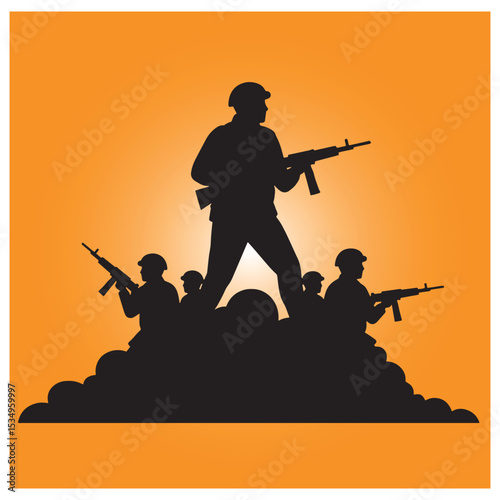 Silhouette of soldiers marching forward on a battlefield with guns against orange background