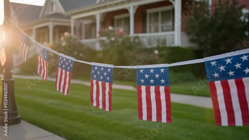 Patriotic street decoration for independence day celebration with small american flags displayed in a home neighborhood