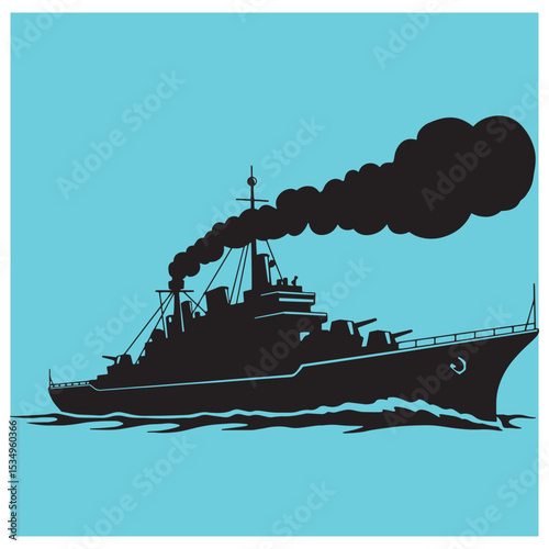 Vector illustration of a naval battleship sailing on the blue water generating smoke.