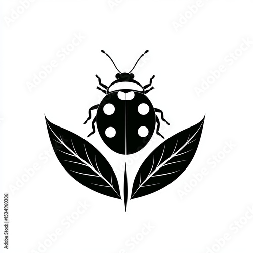 Elegant black and white illustration of a ladybug perched above two leaves