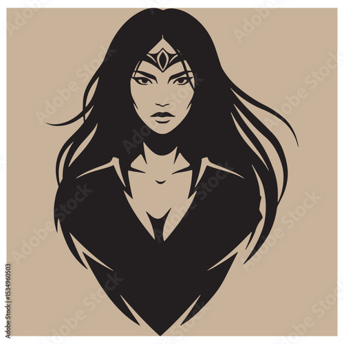Vector illustration of a powerful woman warrior with flowing hair and determined gaze.