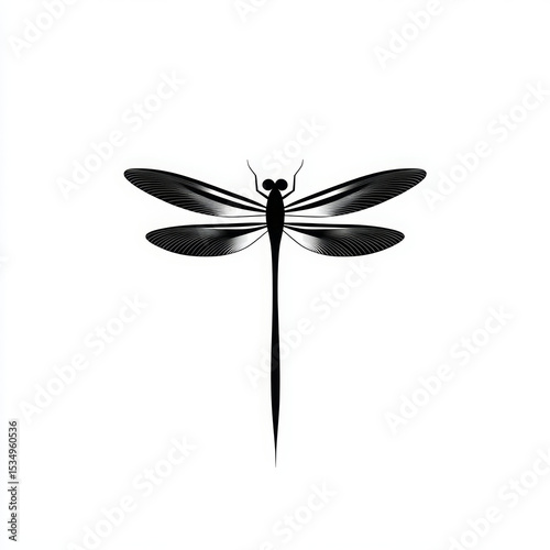 Elegant black dragonfly illustration against a clean white background, showcasing a minimalist design