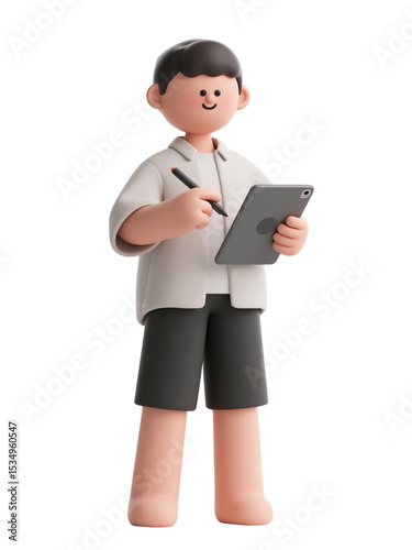 3D cartoon character drawing on digital tablet with stylus, designer boy in shorts isolated on white background
