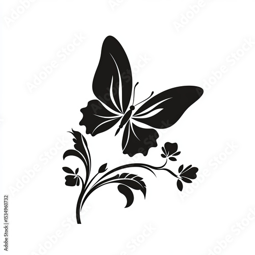 Monochrome butterfly gracefully perched on a delicate floral branch, a beautiful design