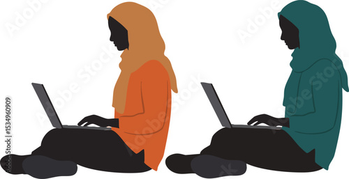 Two Muslim Women Wearing Hijabs Working on Laptops Sitting Side by Side Vector Illustration 