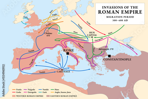 Invasions of the Roman Empire, historical map. Migration Period, or also  the Barbarian Invasions, from 300 to 600 AD. A period in European history marked by large-scale migrations by various tribes.