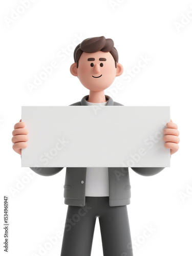 3D cartoon man holding blank horizontal board for text or ad, isolated on white background, perfect for marketing and messages