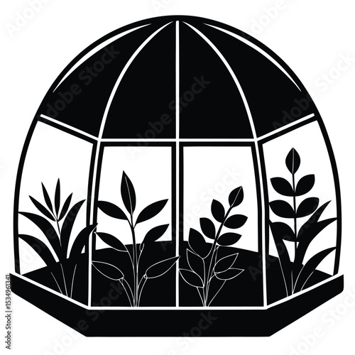 Monochrome icon of a domed greenhouse with lush plants growing inside
