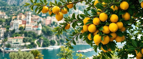 Amalfi Coast lemon tree laden with ripe yellow lemons against a picturesque Italian town backdrop,  image,  light