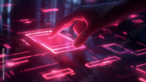 Hand interacts with glowing digital interface, futuristic technology concept.